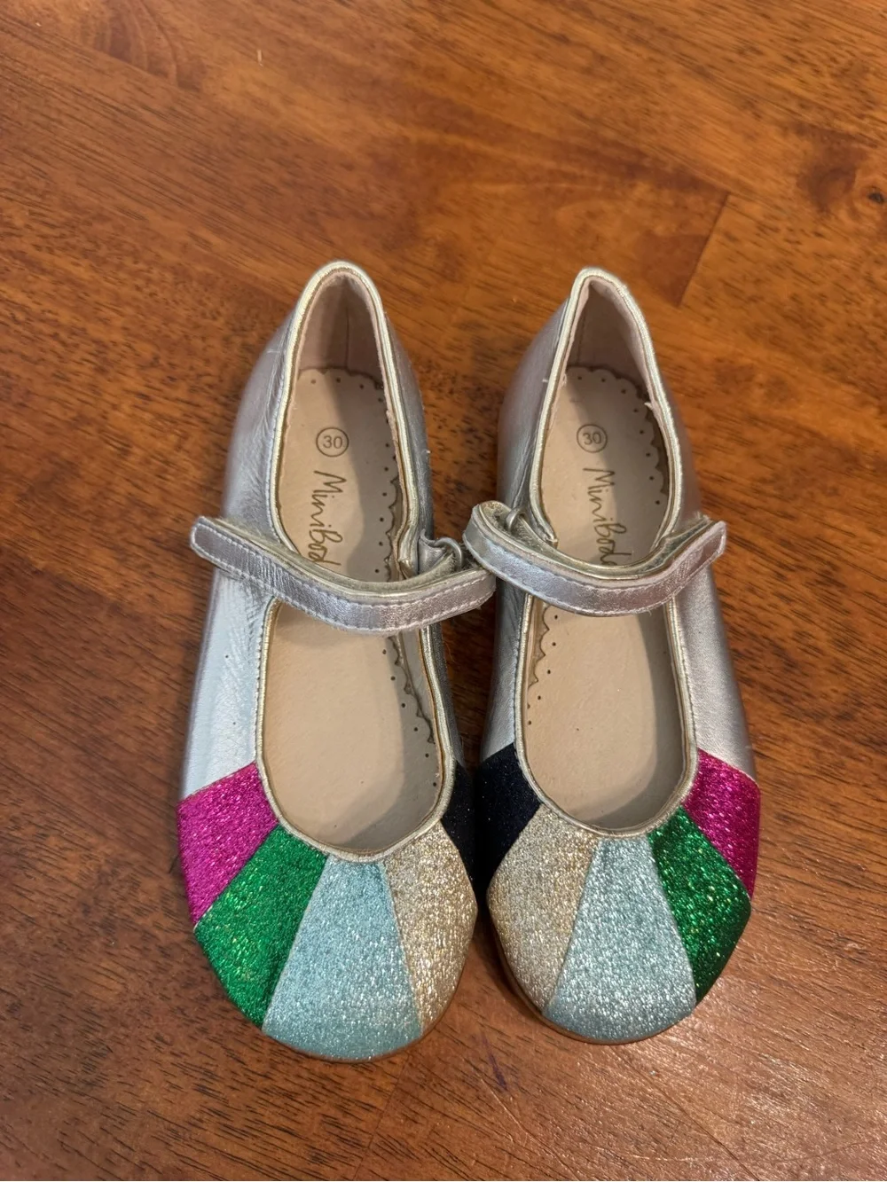 Mini Boden Silver Leather Rainbow Glitter Toe Mary Jane Shoes EU 30 US 12